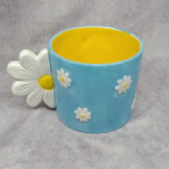 Bee Daisy Flower Mug Blue Yellow Ceramic Cup 3D Handle Springe Coffee Tea - Picture 3 of 5